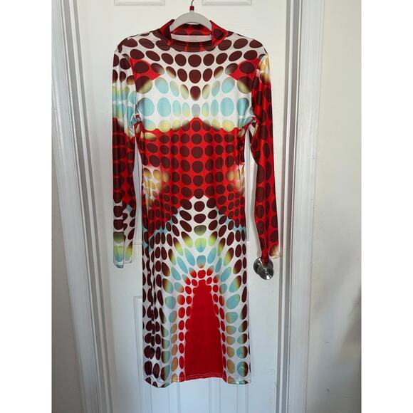 Long Sleeve Polka Dot Bodycon Midi Dress L - Picture 4 of 6